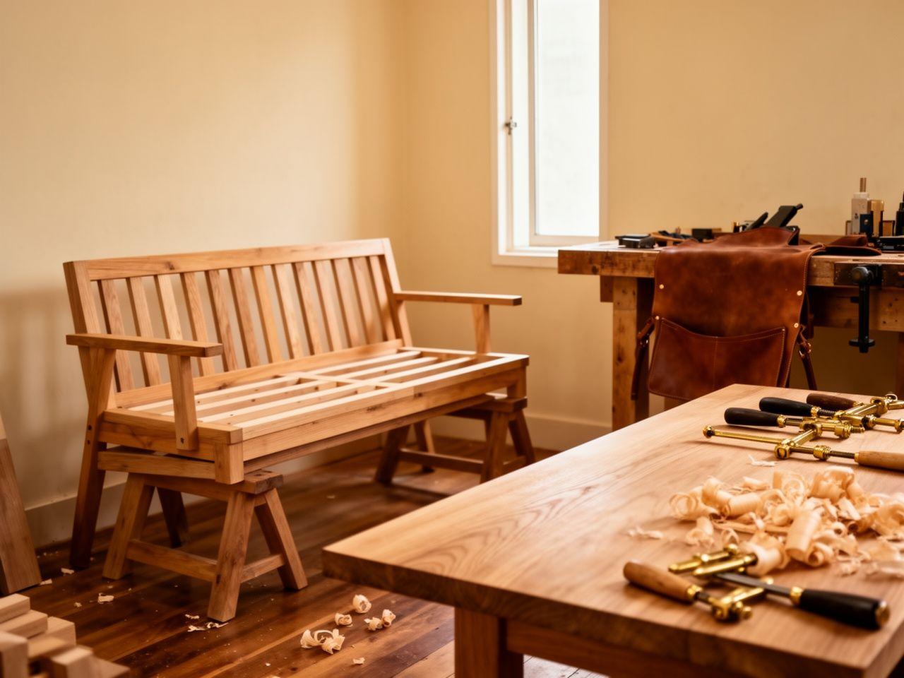 Cleariqo Atelier workshop floor with a half-finished sofa frame and a sanded oak table top resting on trestles