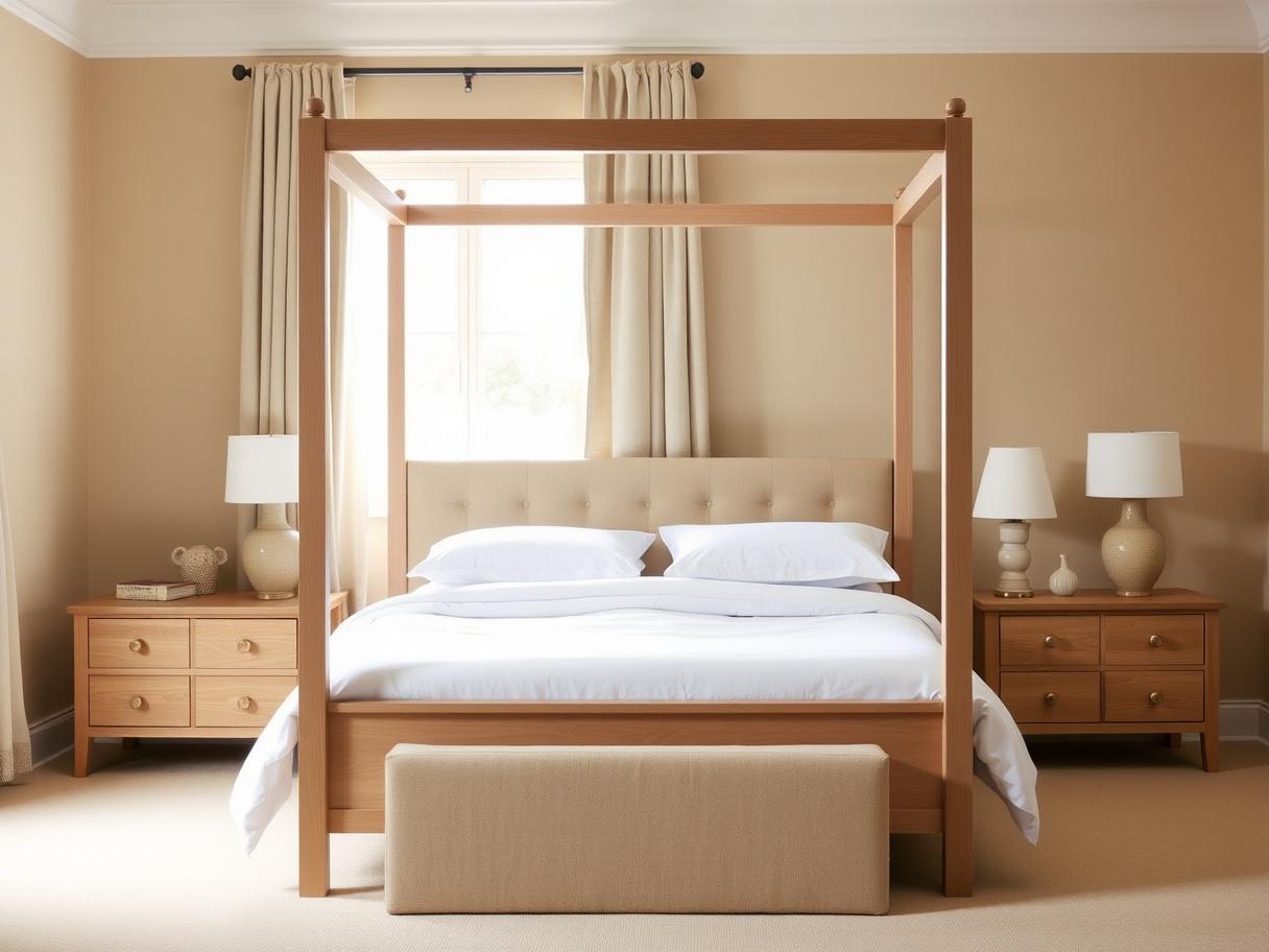 A canopied bed frame in pale ash with upholstered headboard panels in oat linen