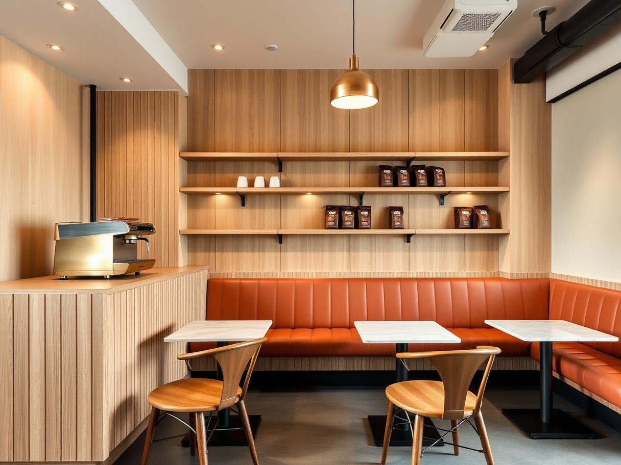 A timber-clad café counter and banquette seating built by Cleariqo Atelier