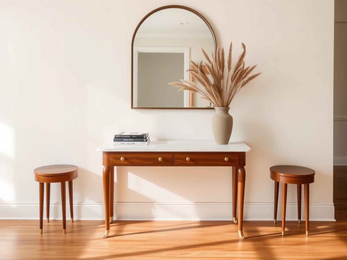 A pair of side tables in walnut and a marble-topped console arranged in a sitting room