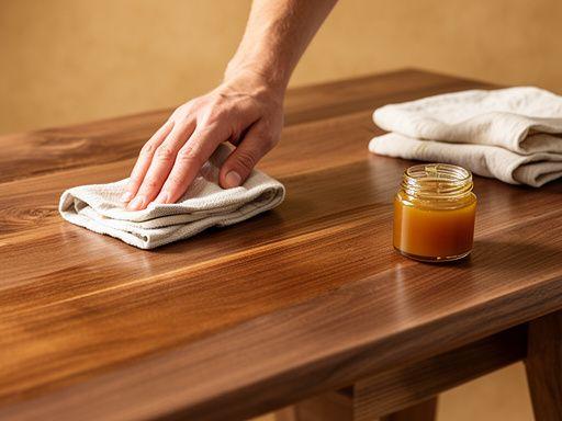 A maker applying hardwax oil to a finished walnut tabletop in the Cleariqo workshop