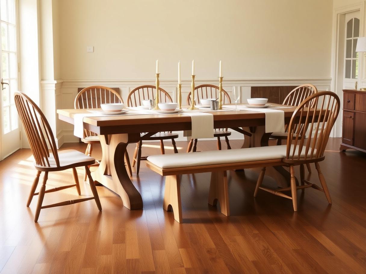A solid oak dining table for eight with hand-pegged stretchers, set with linen runners