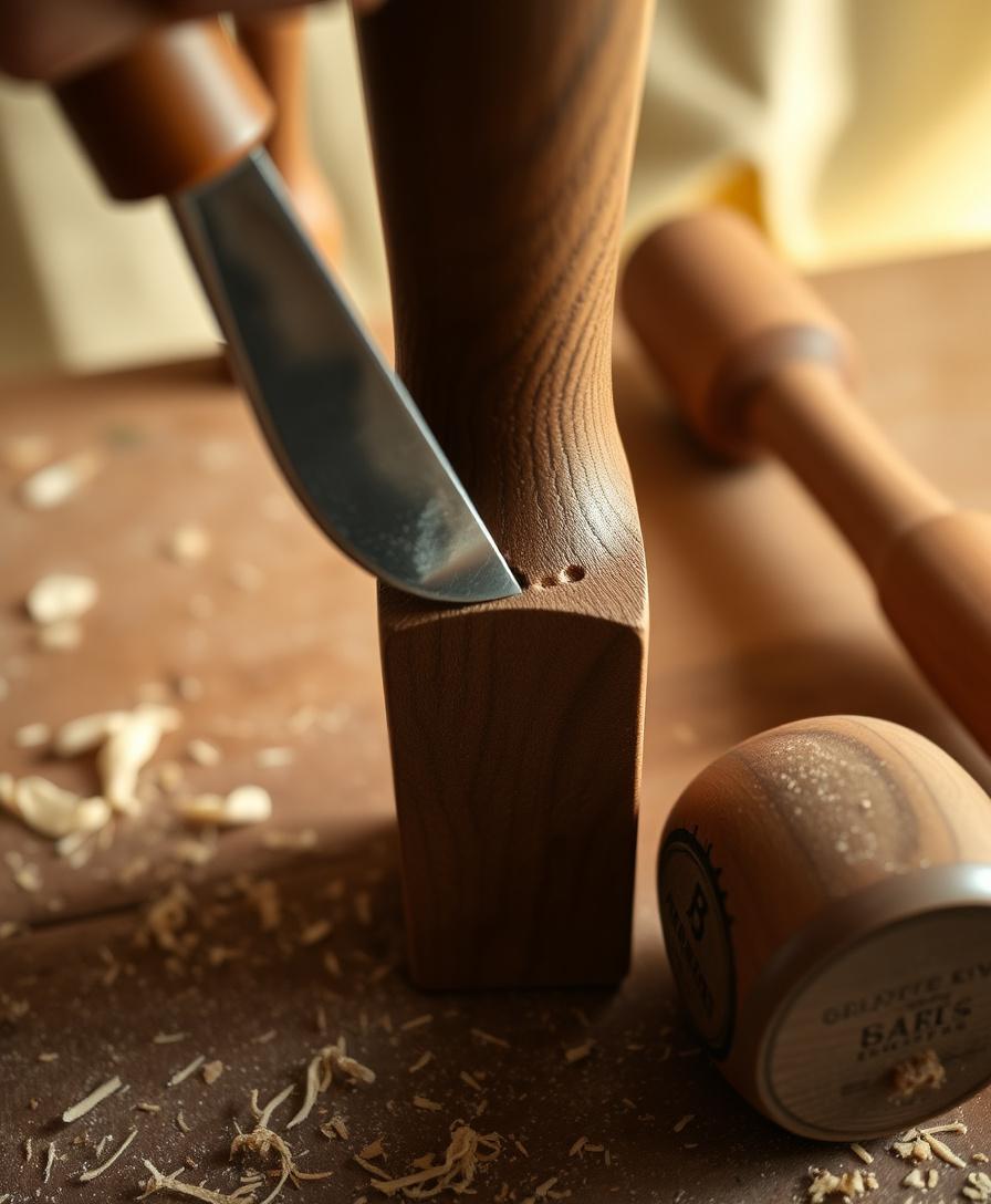 A through-tenon being chiselled into a walnut chair leg on a workbench, shavings scattered around