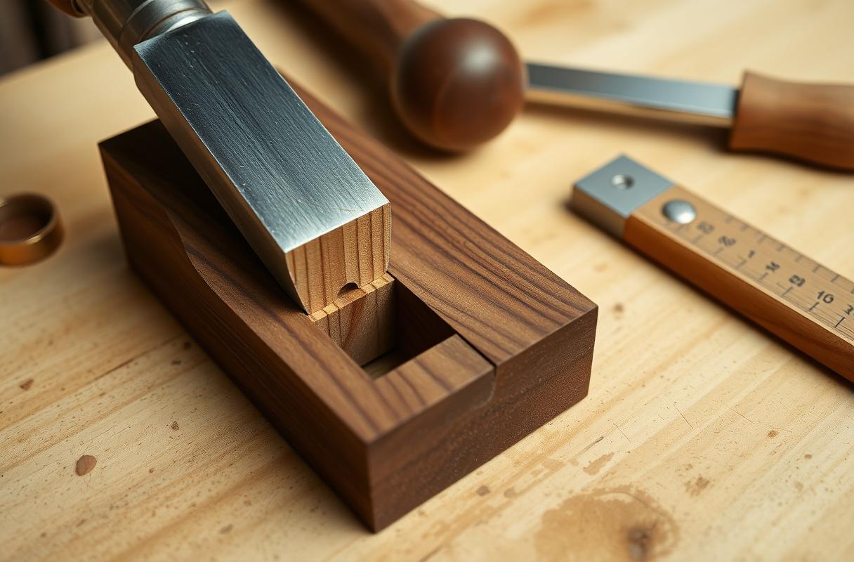 A close-up of a hand-cut mortise-and-tenon joint being dry-fitted on a workbench