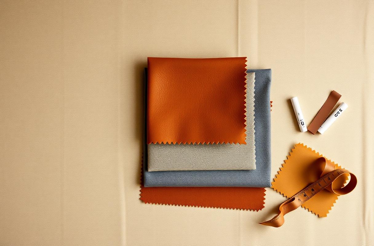 A flat-lay of linen, wool boucl&eacute;, and full-grain leather swatches on a workshop table