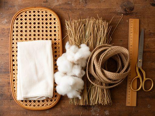 A selection of rattan, canvas and natural linen swatches arranged on a workshop table