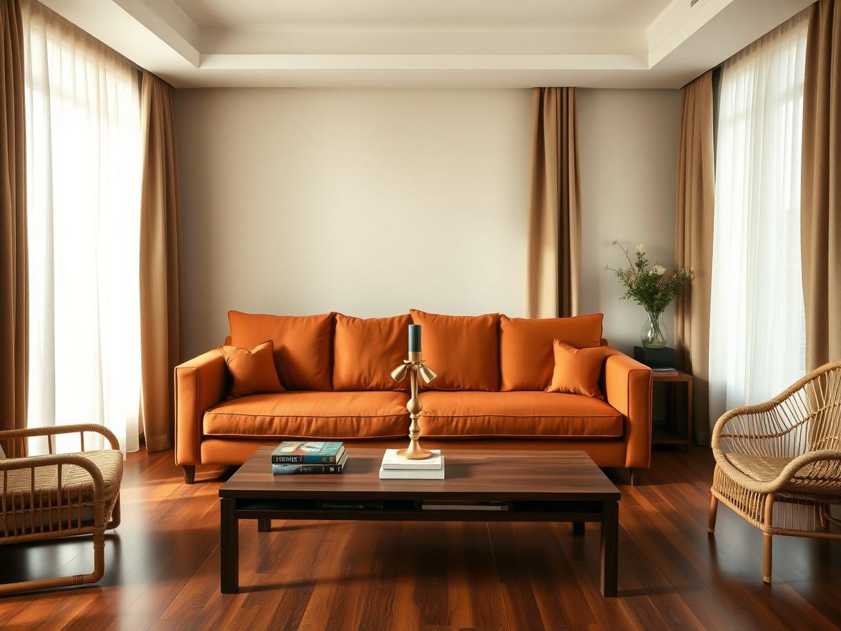 A four-seater Cleariqo sofa upholstered in deep terracotta linen, set against a parchment wall