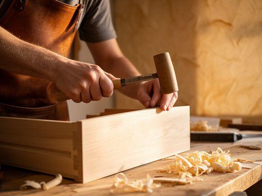 A cabinetmaker at a low wooden bench in Cleariqo Atelier, fitting a drawer front by hand