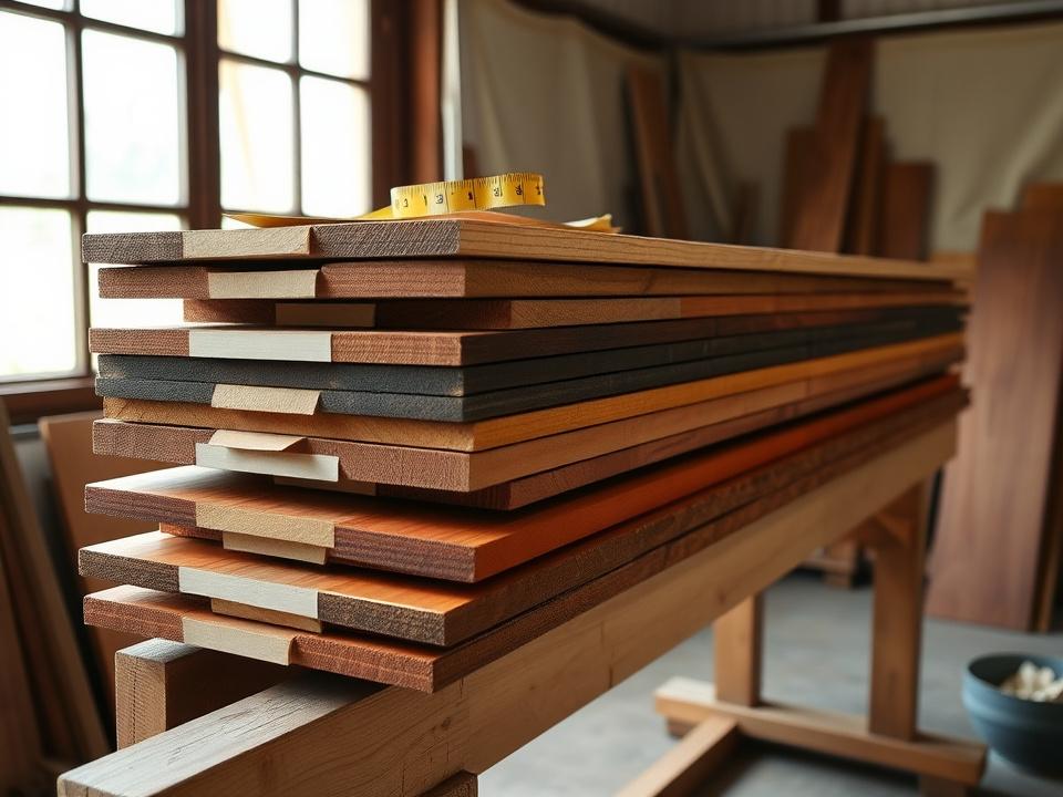 Stacked planks of kembang semangkok, seraya and reclaimed merbau resting on the workshop rack